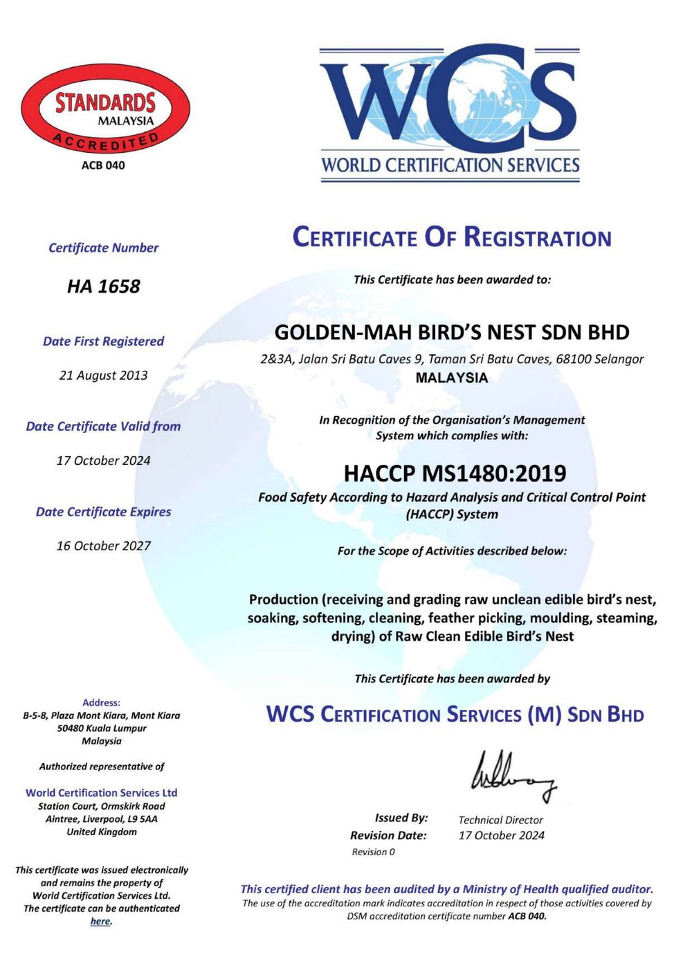 HACCP 食品安全体系规范认证 · Golden-Mah Bird's Nest Sdn Bhd