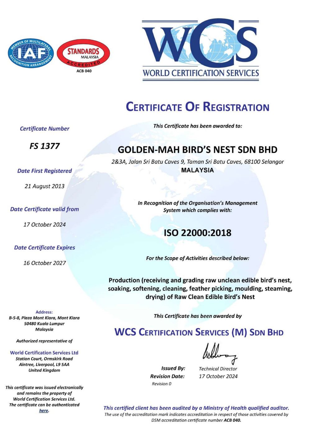 ISO 22000 食品安全管理体系 · Golden-Mah Bird's Nest Sdn Bhd