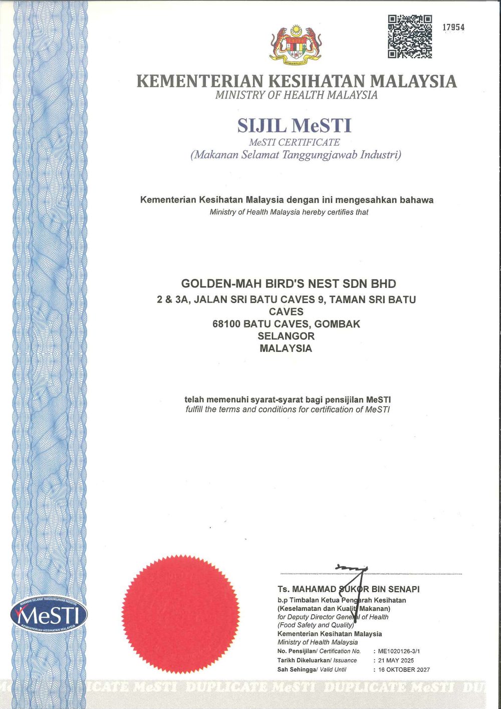 MeSTI 食品安全责任认证 · Golden-Mah Bird's Nest Sdn Bhd