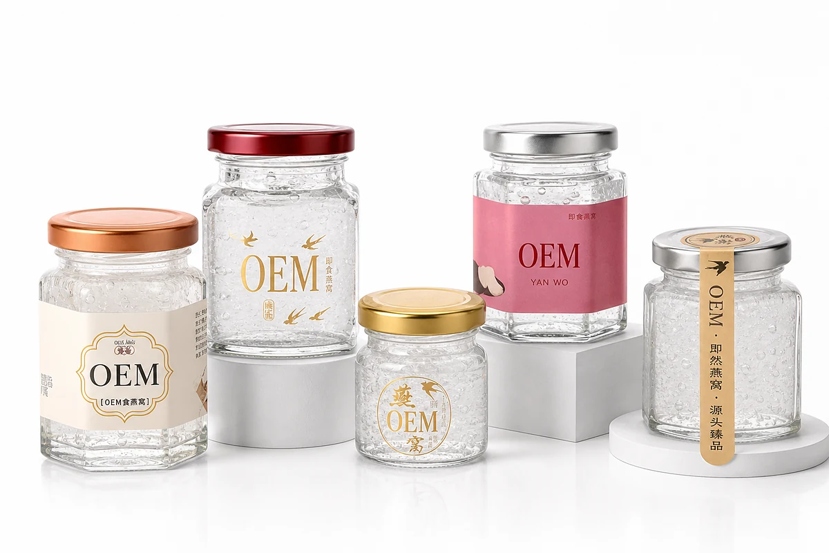 即食燕窝 OEM 瓶装 · 五种贴标样式示例