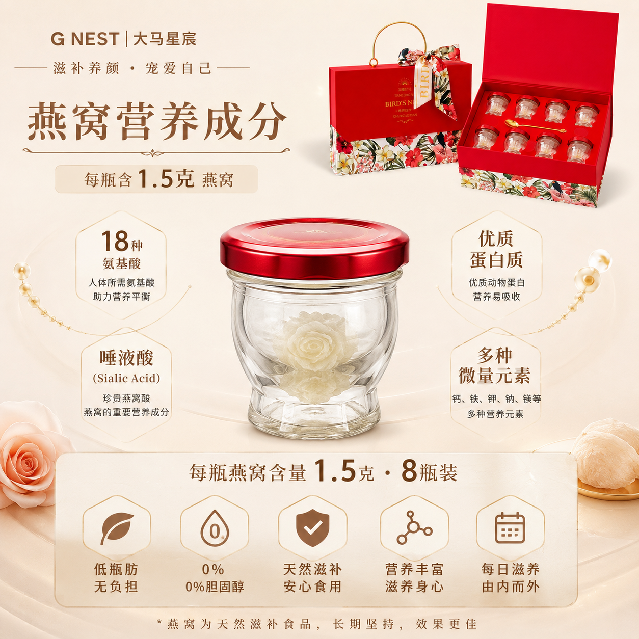 G Nest Premium Rose Instant Bird Nest Gift Box 8 Bottles | 1.5g Pure Bird Nest Each | Ready-to-Drink Wellness Gift Set | No Additives - Image 2