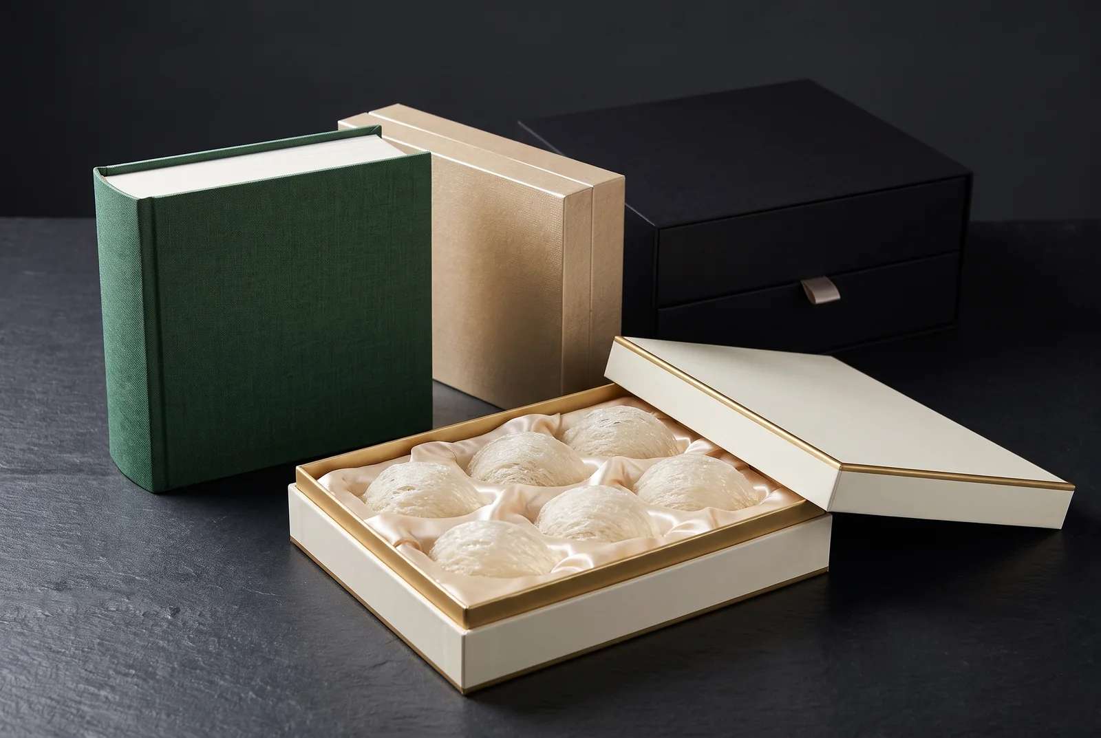 Four custom gift boxes in different shapes and materials, one open to show the whole nests inside · illustration of custom gift boxes