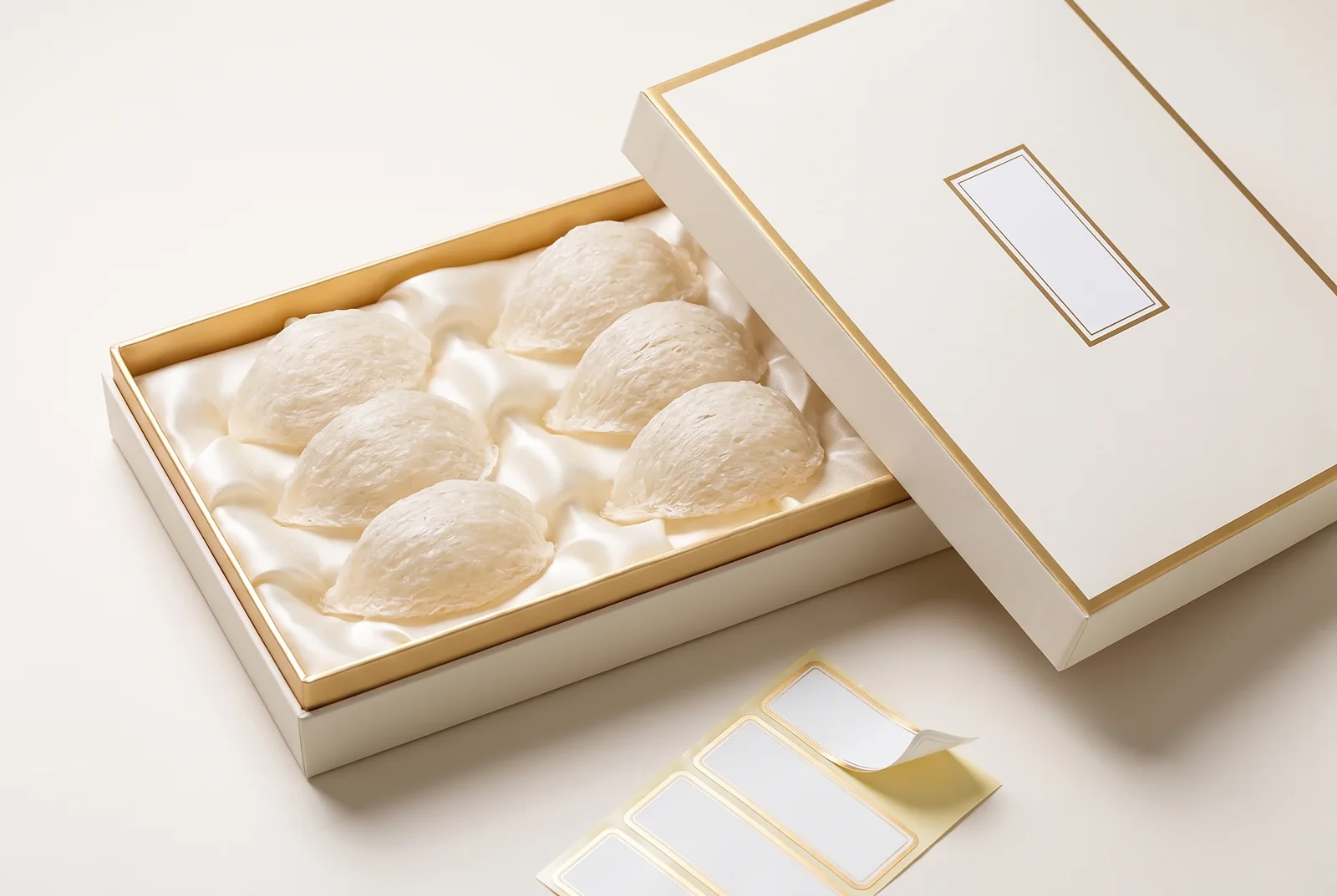 Plain gift box holding six dried whole nests, with a blank label panel on the lid · illustration of private-label packing