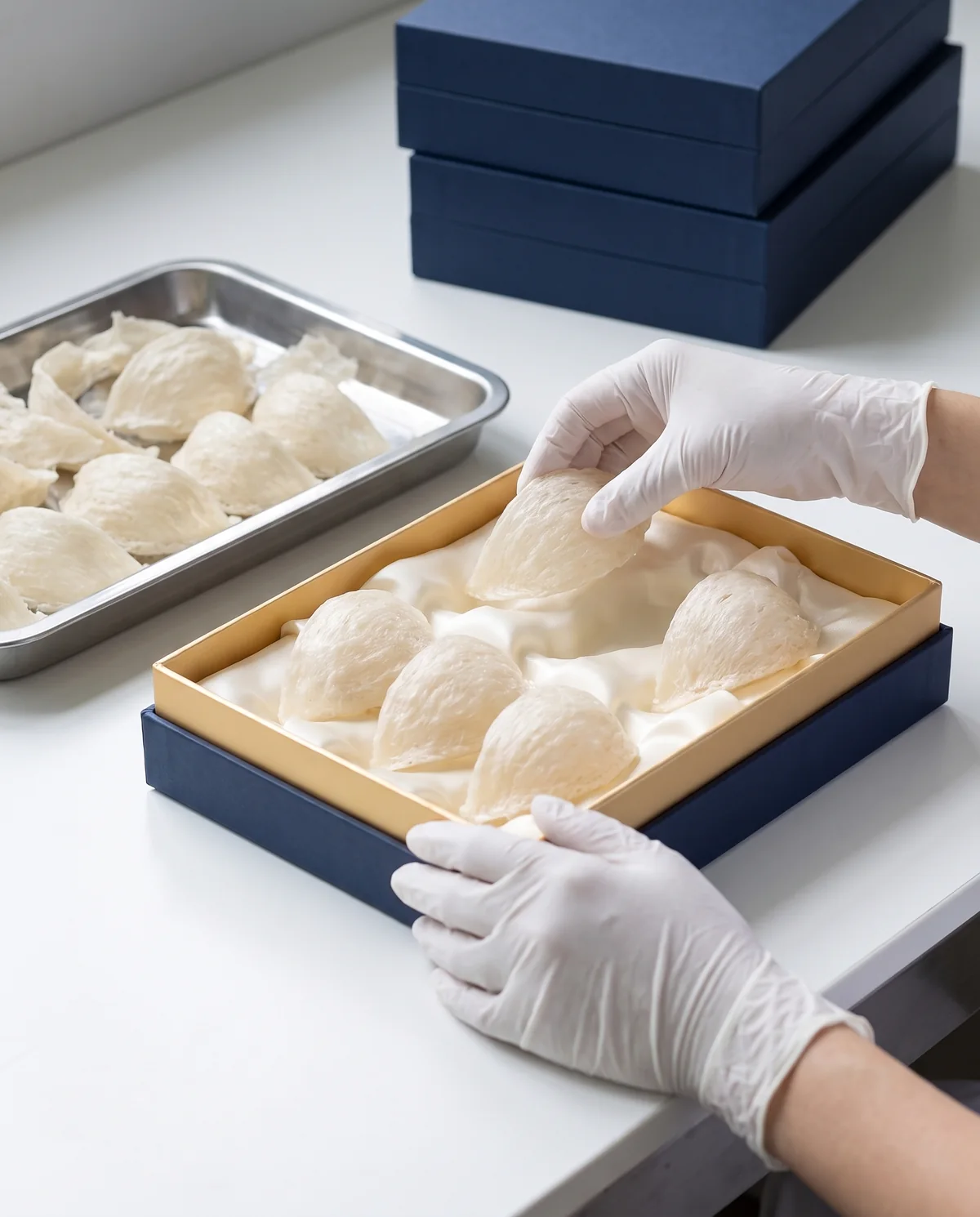 Gloved hands placing dried whole nests into a customer's own gift box · illustration of the filling service